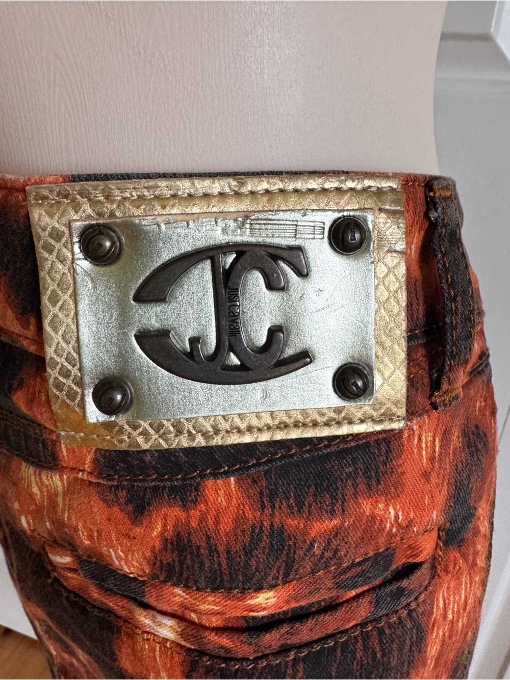 JUST CAVALLI Orange Leopard Denim Button-Front Skirt 8/44 EUC - Picture 11 of 11